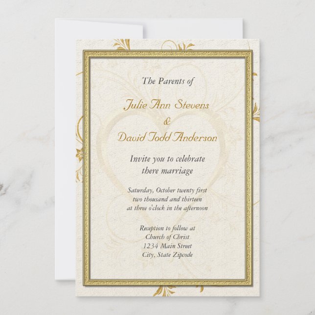 Goldenes Herz mit RahmenWedding Einladung (Vorderseite)