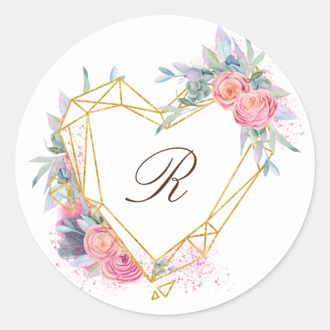 goldenes Herz rosa florales elegantes Monogramm Runder Aufkleber (Vorderseite)