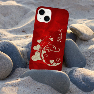 Goldenes Herz Swirl Imitate Glitzer auf Rot Case-Mate iPhone Hülle
