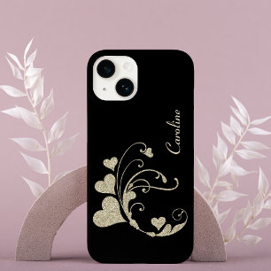 Goldenes Herz Swirt Imitate Glitzer auf Schwarz Case-Mate iPhone 14 Hülle