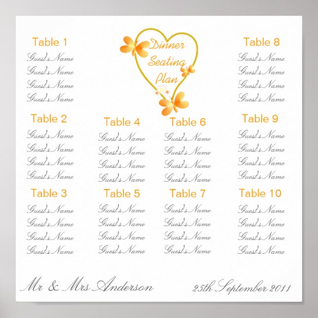 Goldenes Herz und Schmetterlinge Hochzeitsessen Poster (Vorne)