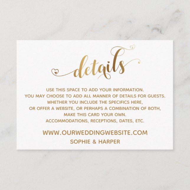 Goldenes Herzenskript, Diamanten Details zu White Begleitkarte (Vorderseite)