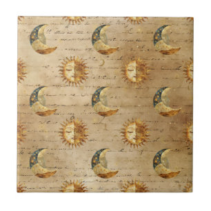 Goldenes himmlisches Sonne-Mond-Vintage-Astrologie Fliese