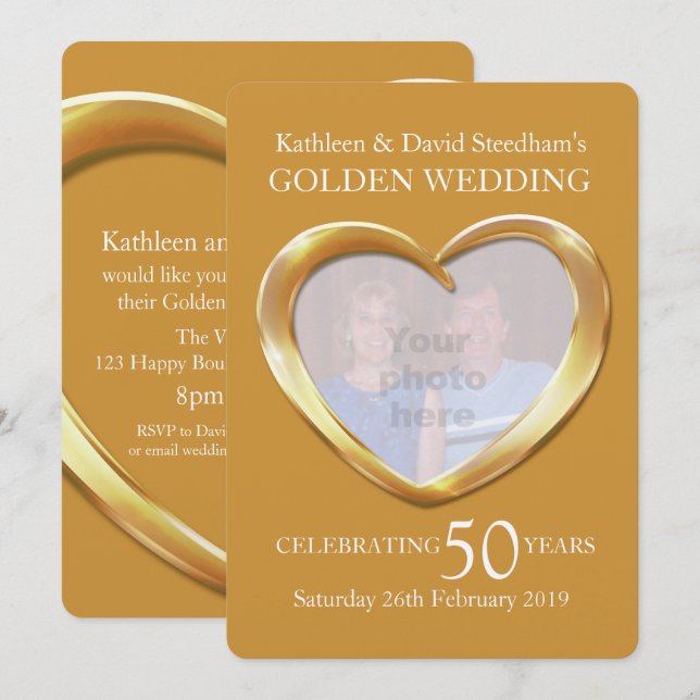 Goldenes Hochzeitsherz Foto 50 Jahre Party laden e Einladung (Vorne/Hinten)
