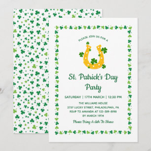 Goldenes Hufeisen-Kleeblattmuster St. Patricks Tag Einladung