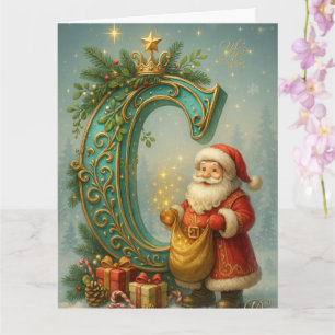 Goldenes Initial C mit Weihnachtsmann und Krone Karte