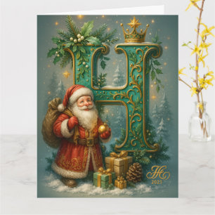 Goldenes Initial H  mit Weihnachtsmann und Krone  Karte