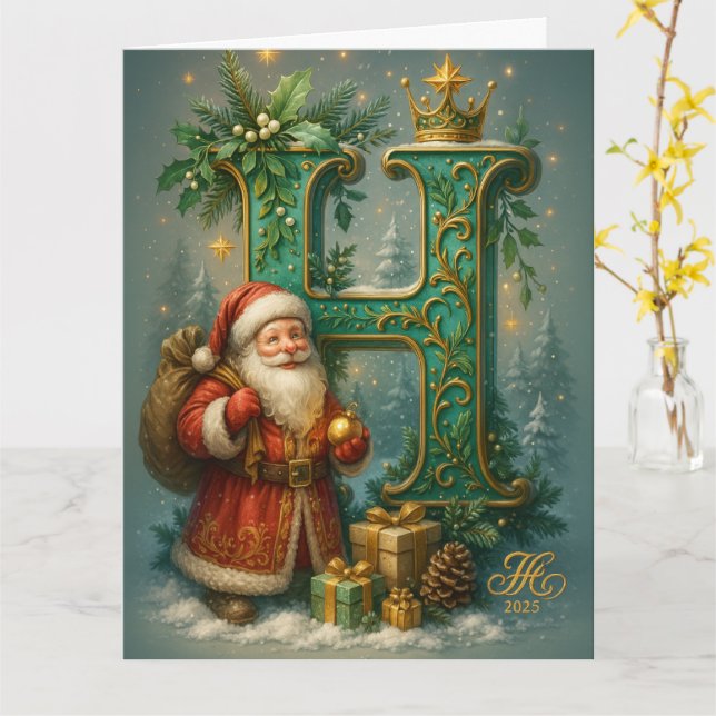  Goldenes Initial H  mit Weihnachtsmann und Krone  Karte (Gelbe Blume)