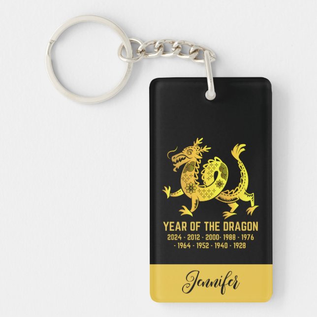 Goldenes Jahr des Drachen Zodiac Name Schwarz Schlüsselanhänger (Vorderseite)
