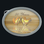 Goldenes Jahr Herz Ovale Gürtelschnalle<br><div class="desc">Ovale Gürtelschnalle mit meinem Originalbild goldfarbener Herzen,  die auf dem Wasser schwimmen. Im Text steht "50 Jahre".</div>