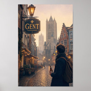 Goldenes Kathedrale-Straßenbildplakat Gent Poster