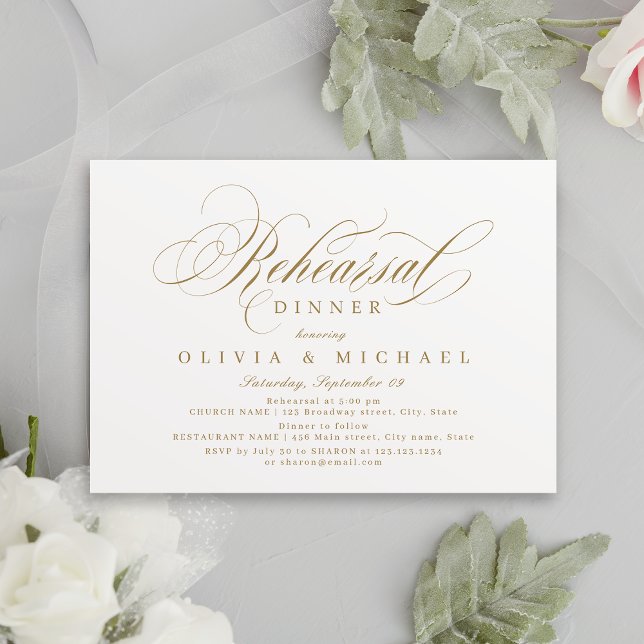 Goldenes klassisches Probe-Dinner Einladung (Gold elegant classic calligraphy rehearsal dinner invitation)