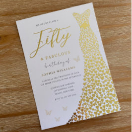 Goldenes Kleid 50 & fabelhafte 50. Geburtstagspart Folieneinladung