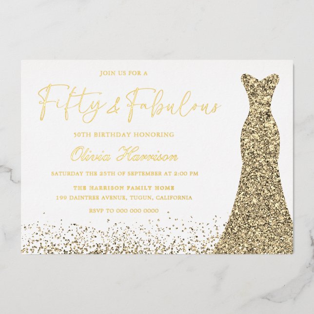 Goldenes Kleid 50 & Fabulous 50. Geburtstag Golden Folieneinladung (Vorderseite)