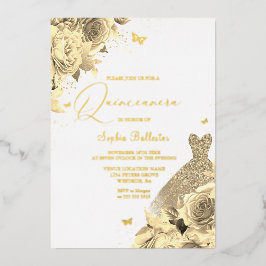 Goldenes Kleid & Blume Quinceanera Gold Folieneinladung