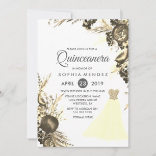 Goldenes Kleid Blütenbraun Quinceanera einladen Einladung