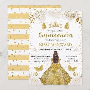 Goldenes Kleid Brünette Prinzessin Quinceanera Einladung