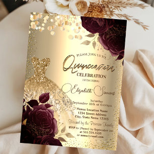 Goldenes Kleid Burgunderrote Rosen Quinceañera Einladung