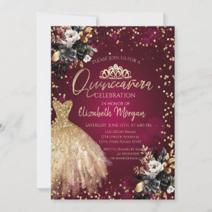 Goldenes Kleid ,Diamanten Schwarze Rosen Quinceañe Einladung