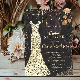 Goldenes Kleid, Dunkle Rosen Konfetti Brautparty Einladung