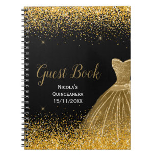 Goldenes Kleid Faux Glitter Quinceanera Gästebuch Notizblock