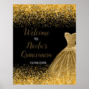 Goldenes Kleid Faux Glitter Quinceanera Willkommen Poster