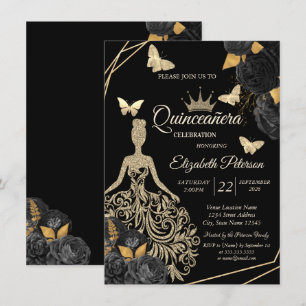 Goldenes Kleid, Schmetterling Schwarze Rosen Quinc Einladung