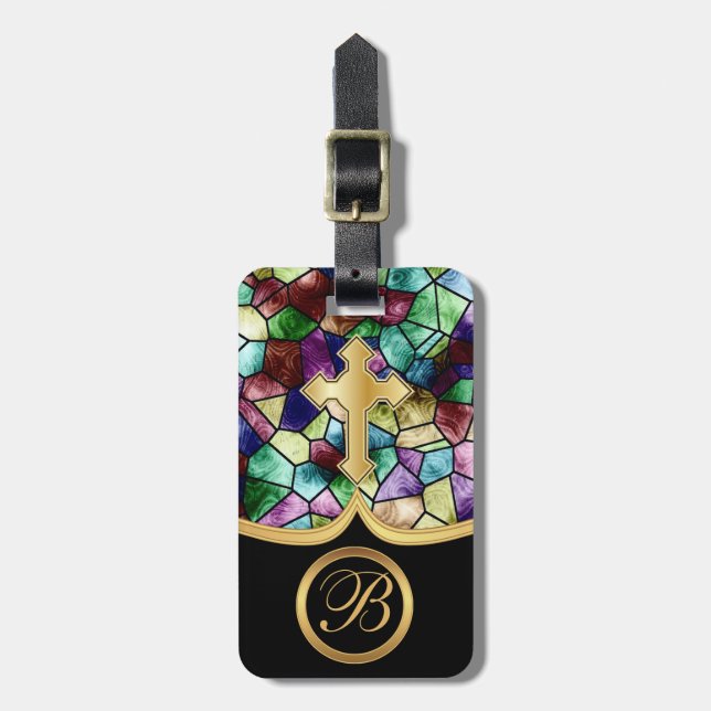 Goldenes Kreuz des Mosaik-abstraktes Fleck-Glas-| Gepäckanhänger (Vorderseite vertikal)