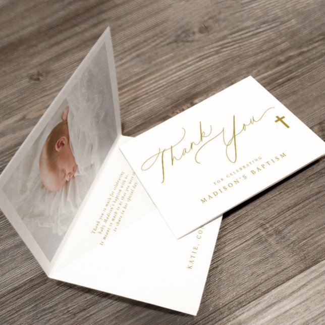 Goldenes Kreuz Elegantes Foto Taufe Dankeskarte (Baptism thank you cards - elegant gold cross simple design with baby's photo on inside of card.)