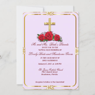 Goldenes Kreuz mit katholischen Rote Rosen Einladung