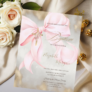 Goldenes Kreuz mit rosa Blumen und Schleife, getau Einladung