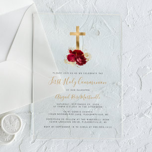 Goldenes Kreuz mit roten Blumen zur Erstkommunion Acryleinladungen