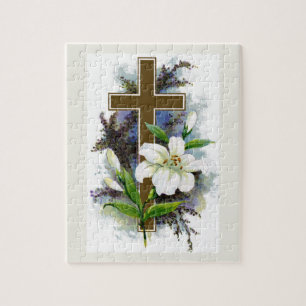 Goldenes Kreuz mit weißer Blume Puzzle