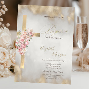 Goldenes Kreuz rosa Blumen Taufe Glitter Gold Einladung