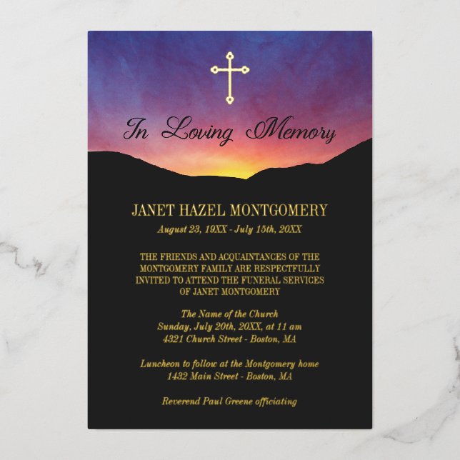 Goldenes Kreuz & Sonnenaufgang - Beerdigung Folieneinladung (Vorderseite)