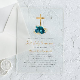 Goldenes Kreuz Turquoise Floral Erste Kommune Acryleinladungen