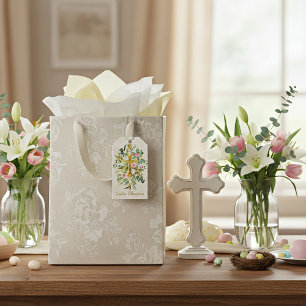 Goldenes Kreuz und rosa Rosen, individuelle Ostern Geschenkanhänger