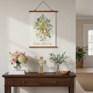 Goldenes Kreuz und rosa Rosen, individuelle Ostern Wandteppich Mit Holzrahmen