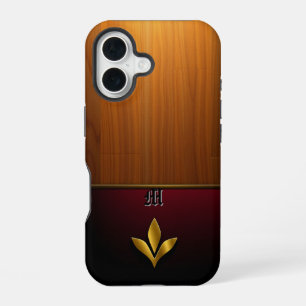 Goldenes Kronenemblem auf Holz und Burgund iPhone 16 Hülle