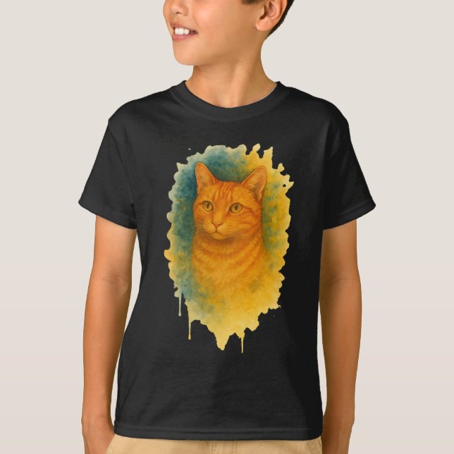 Goldenes Licht: T - Shirt der Wasserfarbe Katze (Vorderseite)
