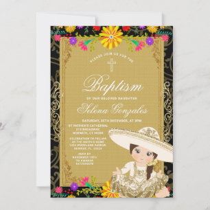 Goldenes Mädchen Mexikanische Taufe Farbige Blumen Einladung