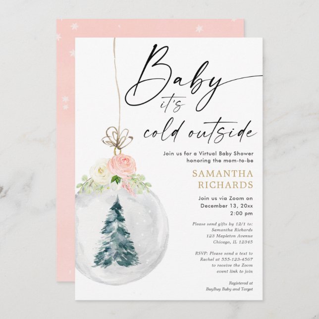 Goldenes Mädchen Winter Virtuelle Babydusche Einladung (Vorne/Hinten)