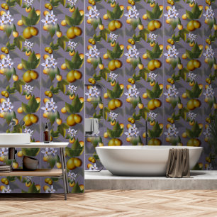 Goldenes Mango-Muster mit weißen Blüten auf Taupe Tapete