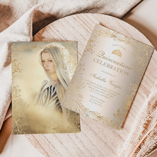 Goldenes, metallisches Foto Tiara chic Quinceañera Einladung