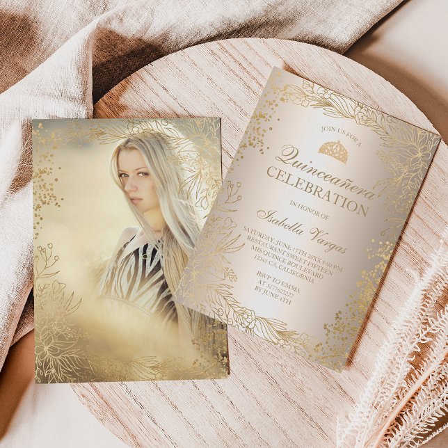 Goldenes, metallisches Foto Tiara chic Quinceañera Einladung (Von Creator hochgeladen)