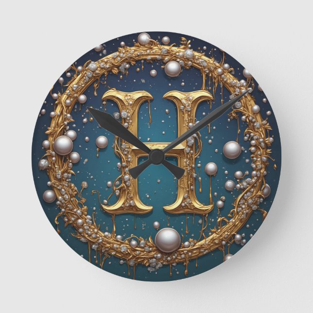 Goldenes Monogramm Anfangsbuchstabe H Runde Wanduhr (Vorderseite)