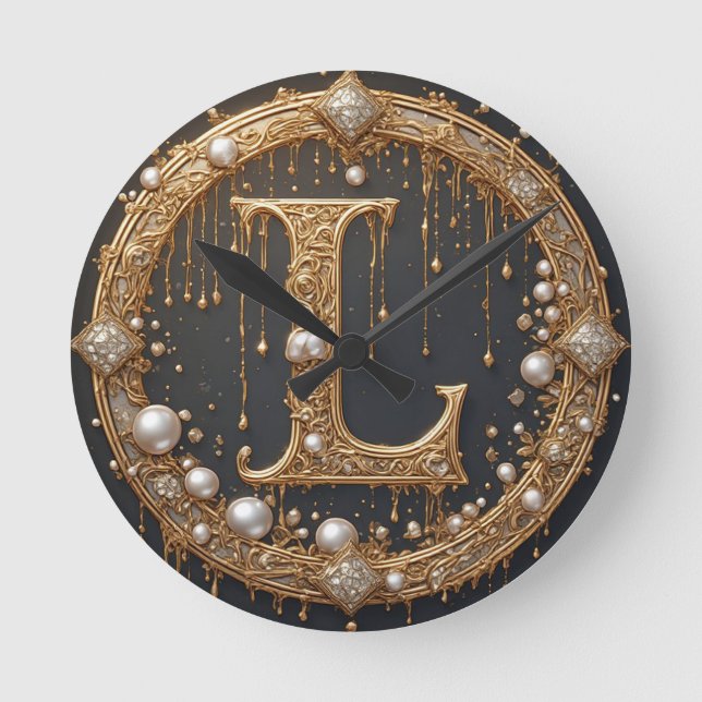 Goldenes Monogramm Anfangsbuchstabe L Runde Wanduhr (Vorderseite)