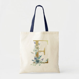 Goldenes Monogramm Buchstabe E Blaue Wasserfarben Tragetasche