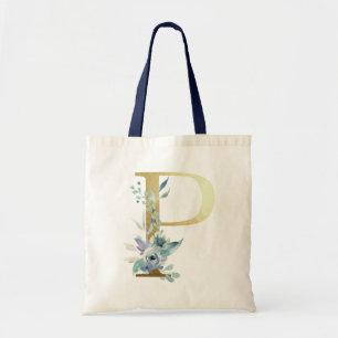 Goldenes Monogramm Buchstabe P Blaue Wasserfarben  Tragetasche