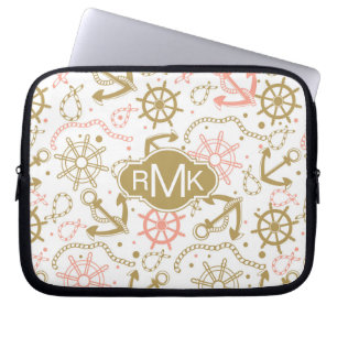 Goldenes Monogramm des Anker-Muster-  Laptopschutzhülle